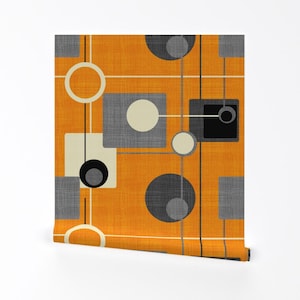 Mid Century Mod Removable Peel and Stick Wallpaper - Orange Geometric Modern Gray - Wall Art Wall Decor - Orbs And Squares by chicca_besso