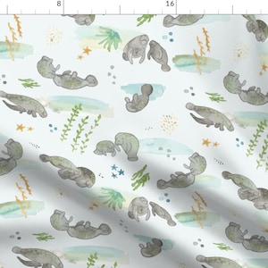 Watercolor Manatees Fabric - Watercolor Mama Baby Manatees By Henryfarmcreative - Manatee Animal Cotton Fabric By The Yard With Spoonflower