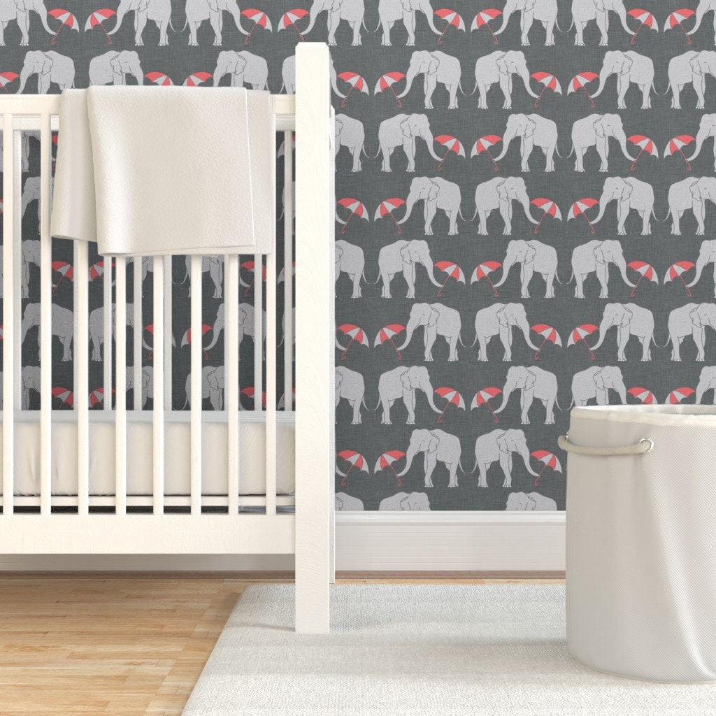 Elephant Wallpaper Elephant and Umbrella Coral by Holli - Etsy