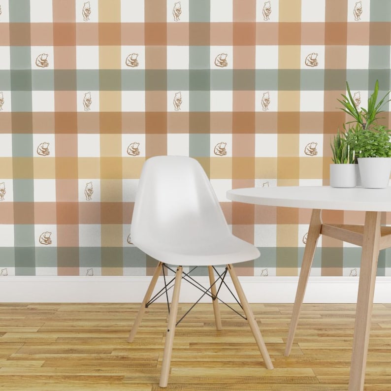 Pooh Gingham Peel and Stick Wallpaper - Vintage Gingham Warm Neutral - Removable Wall Decor Art - Winnie-the-pooh by at_the_cottage image 1