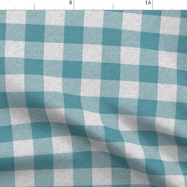 Teal Plaid Fabric - Teal And Light Grey Textured Buffalo Plaid By Sugarpinedesign - Grey Check Cotton Fabric By The Yard With Spoonflower