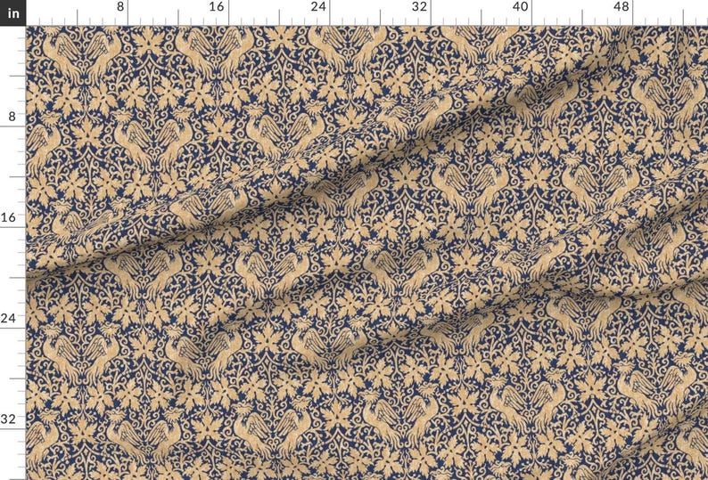 Victorian Fabric - Phoenix Damask 1a By Muhlenkott - Victorian Floral Damask Phoenix Gold Blue Cotton Fabric By The Yard With Spoonflower image 2