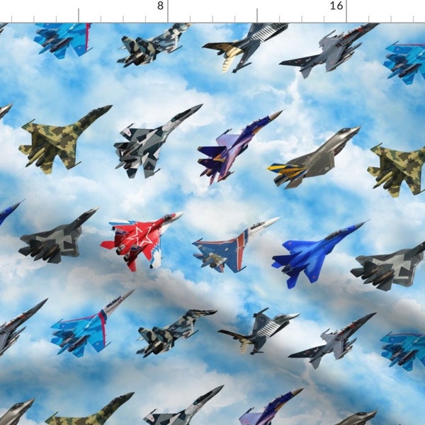 Airplane Fabric - Fighter Jet Above By Axeleon - Plane Flight Flying Pilot Clouds Sky Blue White Cotton Fabric By The Yard With Spoonflower
