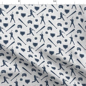 Baseball Fabric - Baseball Fabric - Navy On Gray Stripes By Littlearrowdesign - Baseball Grey Cotton Fabric By The Yard With Spoonflower
