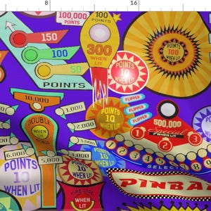 May include: A colorful pinball machine design with a purple background. The design features various points values, including 100,000 points, 500,000 points, and 300 points when lit. The design also includes the words "Pinball" and "Double When Lit".
