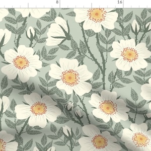 Wild Garden Fabric - White Wild Roses On Sage Green By Simut - Neutral Botanicals Spring Floral Cotton Fabric By The Yard With Spoonflower