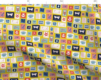 Stamps Fabric - Vintage Stamps Mustard Yellow By Kristinnohe - Retro Mail Post Office Letter Cotton Fabric By The Yard With Spoonflower