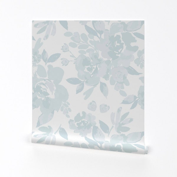 Cottagecore Floral Wallpaper - Bailee Blue Rose by indybloomdesign - Soft Blue Botanical Removable Peel and Stick Wallpaper by Spoonflower