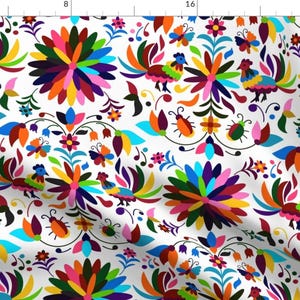 Rainbow Floral Fabric - Bugs And Chickens Mexican Otomi On White By Fabric Is My Name - Otomi Cotton Fabric By The Yard With Spoonflower
