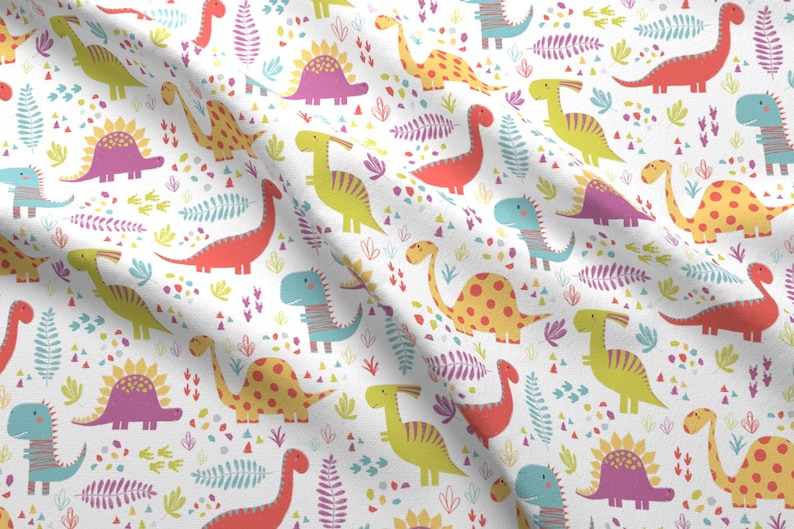 Prehistoric Jurassic Baby Dinosaurs Cotton Linen Look Fabric