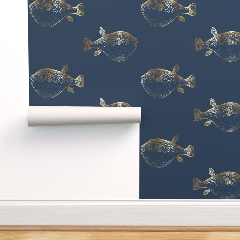Fish Wallpaper Gold Blowfish Navy Pufferfish By Jenlats Etsy