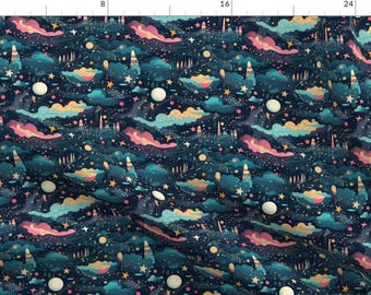Dreams Fabric - Dreamy Night Sky by whyteravencrafts -  Celestial Galaxy Moon Stars Clouds Fabric by the Yard by Spoonflower