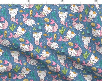 Mermaid Cat Fabric - Purrmaids Cats Mermaids Sea Doodle On Dark Blue Navy By Caja Design - Cat Cotton Fabric By The Yard With Spoonflower