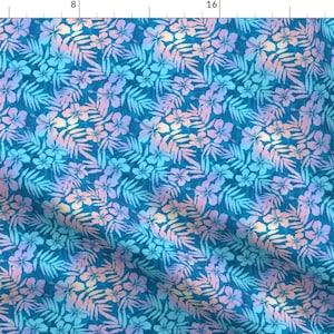 Hawaiian Fabric - Tropical Flower By Art Of Sun - Pink Blue Floral Paradise Beach Ocean Caribbean Cotton Fabric By The Yard With Spoonflower