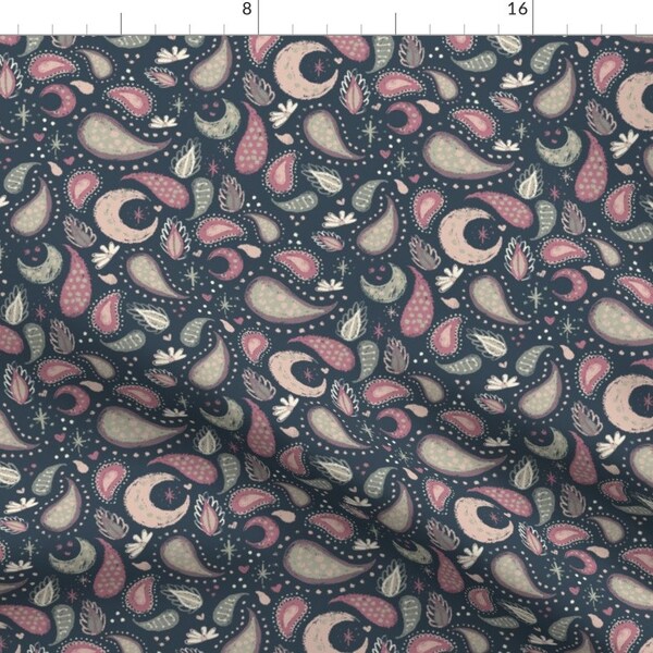 Pink Paisley Fabric - Midnight Paisley by kikijones - Crescent Moon Botanical Denim Blue Fabric by the Yard by Spoonflower