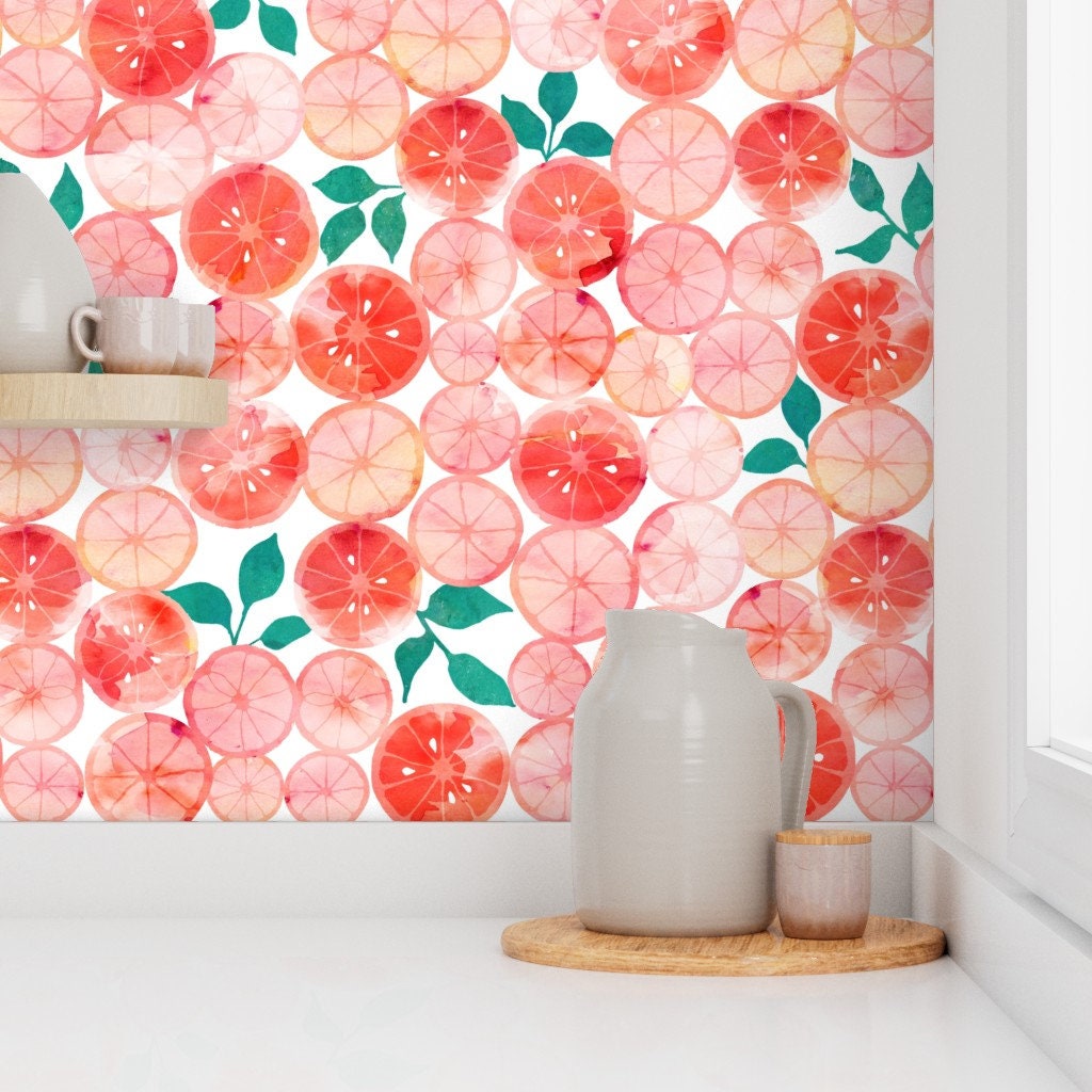 Watercolor Grapefruit Wallpaper -Summer Fruit By Adenaj- Modern Kitchen Custom Printed Removable Self Adhesive Wallpaper Roll by Spoonflower