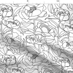 Black Peony Fabric - Peony Contour Line Drawing By New Branch Studio - Peony Black White Floral Cotton Fabric By The Yard With Spoonflower