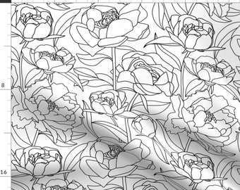 Black Peony Fabric - Peony Contour Line Drawing By New Branch Studio - Peony Black White Floral Cotton Fabric By The Yard With Spoonflower