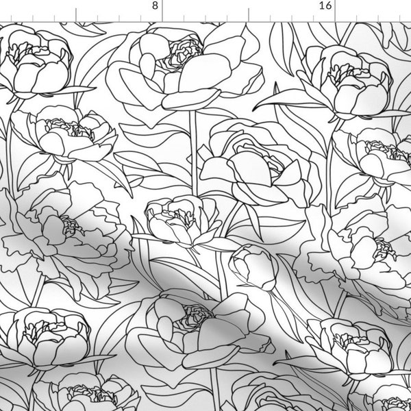 Black Peony Fabric - Peony Contour Line Drawing By New Branch Studio - Peony Black White Floral Cotton Fabric By The Yard With Spoonflower