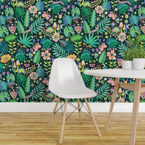 Whimsical Peel and Stick Wallpaper - Illustrative Floral Trippy Psychedelic - Removable Wall Decor Art - Monsteras And Monsters by rebelform image 1
