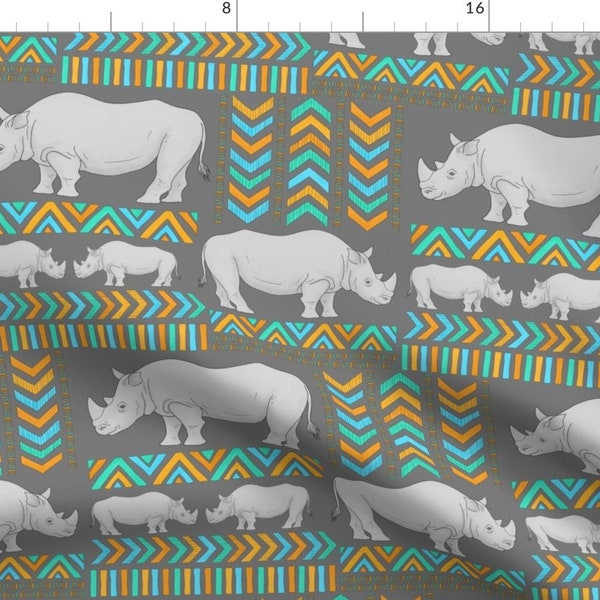 Tribal Rhinos Fabric -Tribal Rhinos - Larger Scale By Hazel Fisher Creations- Rhino Tribal Safari Cotton Fabric By The Yard With Spoonflower