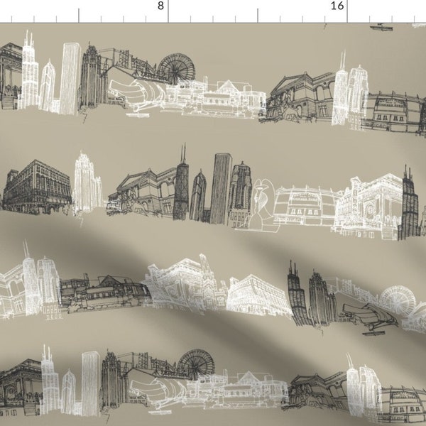 Chicago Fabric - Chicago Landmarks I By Scarletcrane - Gray Beige White Black City Cityscape Cotton Fabric By The Yard With Spoonflower
