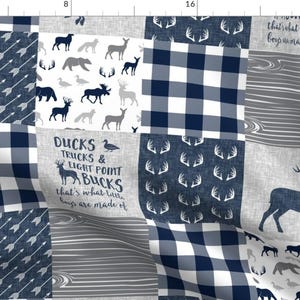 Antlers Blue Cheater Quilting Fabric - Ducks, Trucks, And Eight Point Bucks - Woodland Wholecloth Plaid - Navy Lad19 By Littlearrowdesign