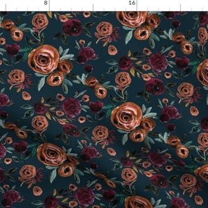 Floral Fabric - Autumn Rose By Crystal Walen - Merlot Teal Burgundy Flowers Botanical Garden Cotton Fabric By The Yard With Spoonflower