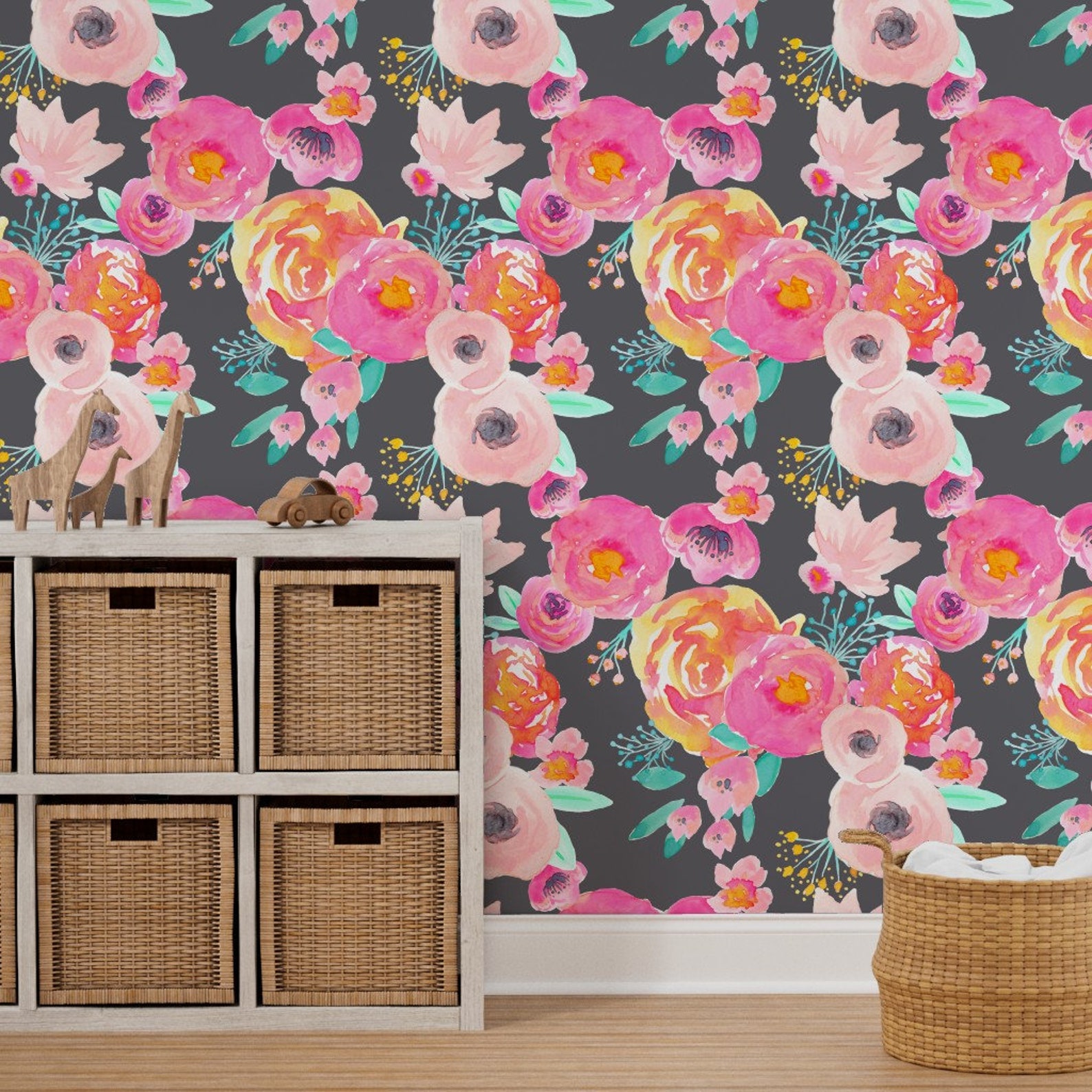 Watercolor Floral Wallpaper Blush Grey by Indy Bloom Design Etsy