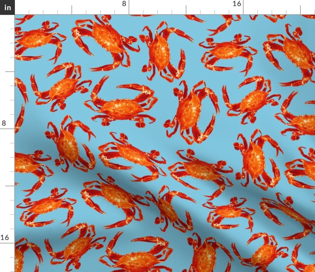 Crabs Fabric Bright Red Cooked Crabs on Blue Summer Cookout Summer Boil