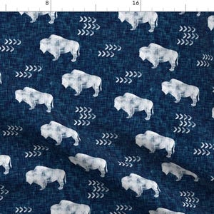 Buffalo Fabric - Distressed Buffalo On Dark Blue Linen By Littlearrowdesign - Buffalo Navy White Cotton Fabric By The Yard With Spoonflower