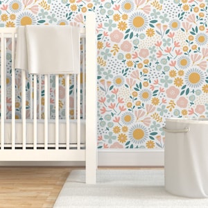 Boho Floral Wallpaper - Whimsical Scattered Flowers by daisyandbumble - Yellow Blue Pink  Removable Peel and Stick Wallpaper by Spoonflower