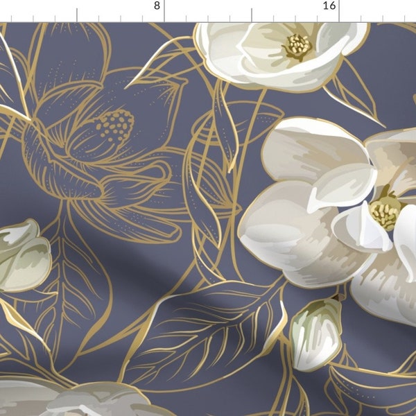 Nature Floral Fabric - Southern Magnolias | Large | Blue Gray Plum #606278 By Southwind - Nature Cotton Fabric By The Yard With Spoonflower