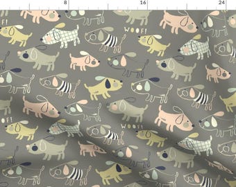 Dogs Puppies Woof Fabric - Year Of The Puppies By Amel24 - Doggy Puppy Pet Animal Gray Pastel Cotton Fabric By The Yard With Spoonflower