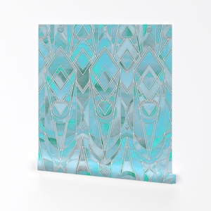 Art Deco Wallpaper - Iridescent Turquoise By Micklyn - Aqua Blue Bright 1920s Deco Removable Self Adhesive Wallpaper Roll by Spoonflower