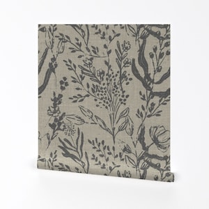 Vintage Tapete - Rustikale Graue Blumen von holli_zollinger - Abnehmbare Tapete von Spoonflower