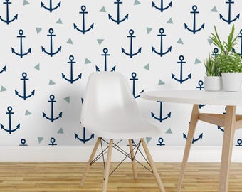 Anchor Wallpaper - Anchor Triangle Navy And Blue Anchor By Charlottewinter - Custom Printed Removable Adhesive Wallpaper Roll by Spoonflower