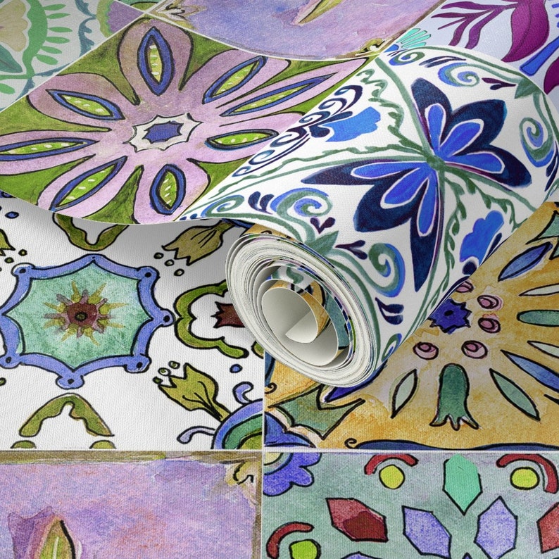 Tiles Wallpaper Andalusian Tiles by Art Studio Helene Blue - Etsy