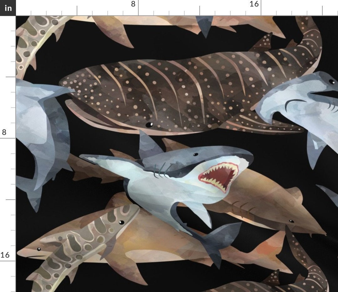 Painted Sharks Fabric Shark Waters large by Floramoon Sharks Nautical Oceans Fish Cotton Fabric