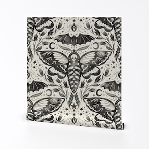 Dark Moth Wallpaper - Watercolor Skull Moth Damask By Rebelform - Gothic Black Beige Removable Self Adhesive Wallpaper Roll by Spoonflower