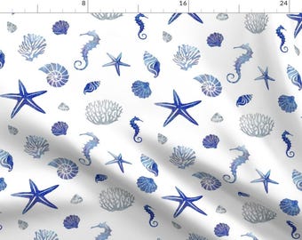 Beach Fabric - Coral Reef Animals In Blue By Fibracreativa - Starfish Seahorse Seashell Nautical Cotton Fabric by the Yard with Spoonflower