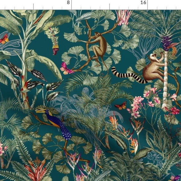 Rainforest Animals Fabric - Tropical Paradise by smokeinthewoods - Monkeys Birds Trees Teal Green Foliage Fabric by the Yard by Spoonflower