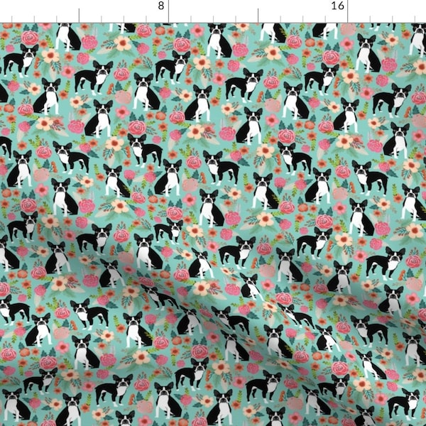 Boston Terrier Fabric - Boston Terrier Sweet Vintage Florals Dogs in Mint By Petfriendly - Dog Cotton fabric by the yard with Spoonflower