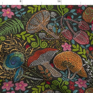 Mushrooms Fabric - Embroidered Wild Mushrooms By Honoluludesigns - Black Colorful Nature Fungus Cotton Fabric By The Yard With Spoonflower