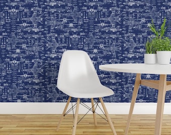 Fighter Planes Peel and Stick Wallpaper - Blueprint Pilot Engineer Blue - Removable Wall Decor Art - F-18 Blueprints by thinlinetextiles