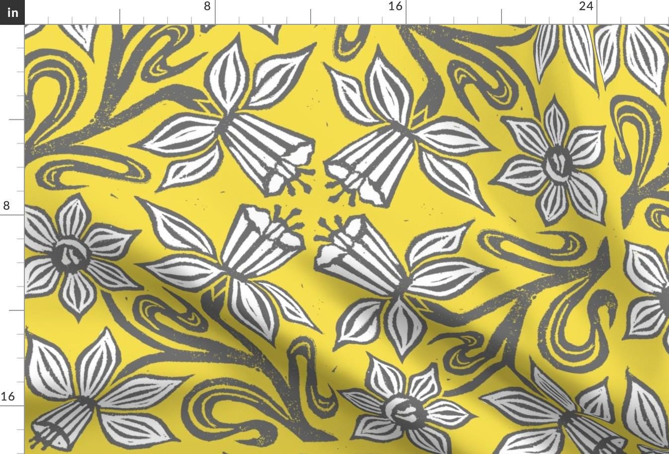 Floral Fabric - Block Print Daffodil By Pigeon Loft Prints - Yellow Gray Flowers Springtime Bloom Cotton Fabric By The Yard With Spoonflower