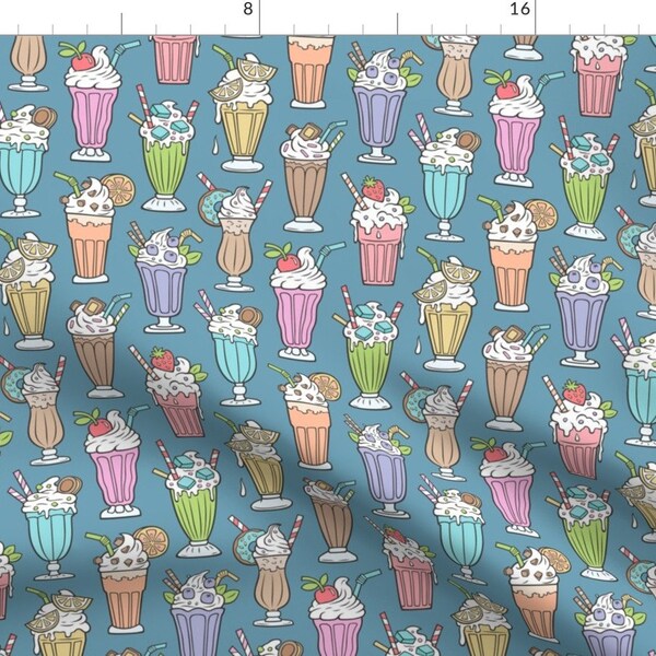 Milkshake Fabric - Milkshake On Dark Denim Blue By Caja Design - Milkshake Dessert Ice Cream Food Cotton Fabric By The Yard With Spoonflower