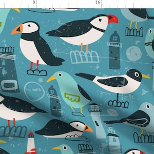 Puffin Fabric - Sea Birds by priskakranz - Seagulls Lighthouse Coastal Nautical Midcentury Whimsical Fabric by the Yard by Spoonflower