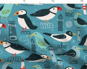 Puffin Fabric - Sea Birds by priskakranz - Seagulls Lighthouse Coastal Nautical Midcentury Whimsical Fabric by the Yard by Spoonflower