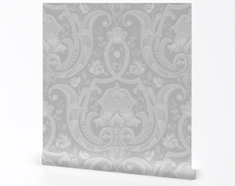 Damastbehang - Adelaide Damask Greyscale door Peacoquettedesigns - op maat bedrukte verwisselbare zelfklevende behangrol door Spoonflower